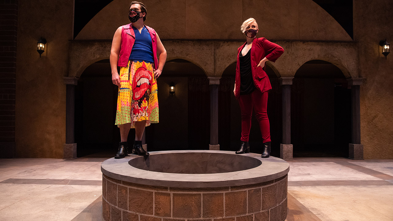 Jon Hutson, as Kate, and Isabelle Sander, as Petruchio, in "The Taming of the Shrew."