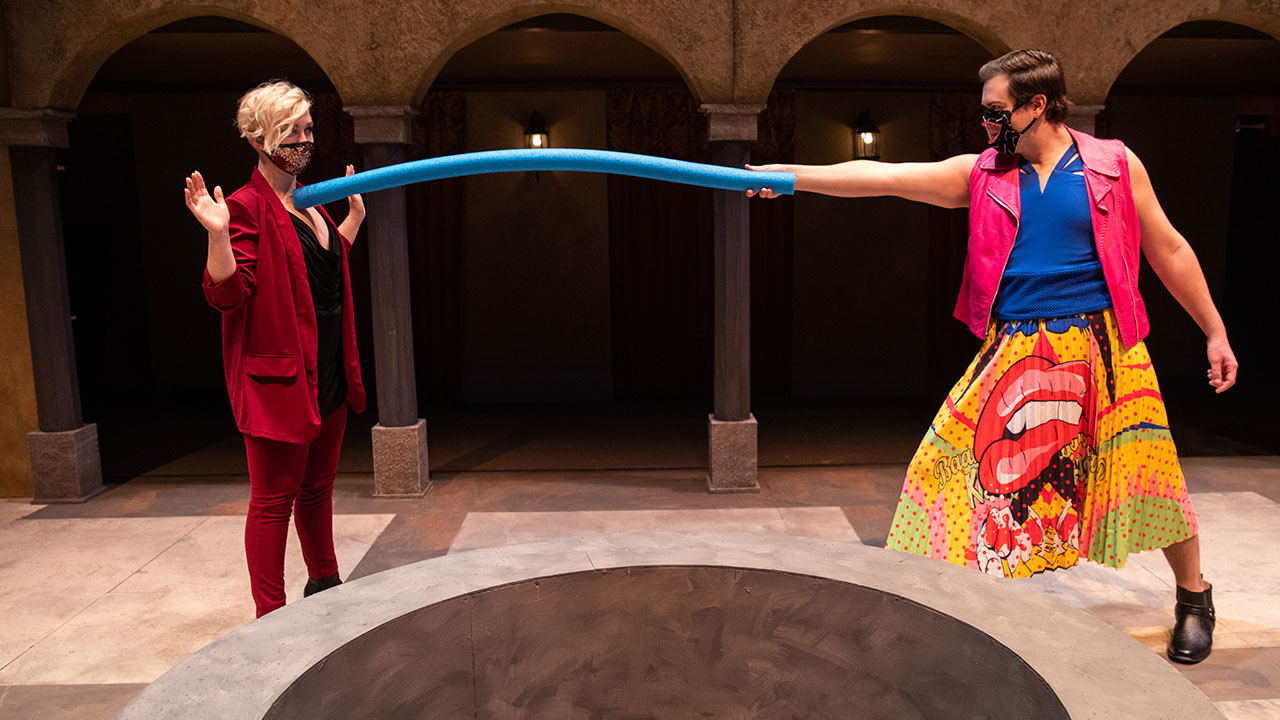 Jon Hutson, as Kate, and Isabelle Sander, as Petruchio, in "The Taming of the Shrew."