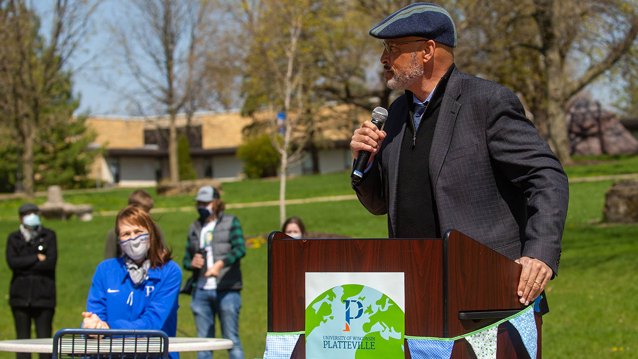 Chancellor Shields speaking at Earth Day Event