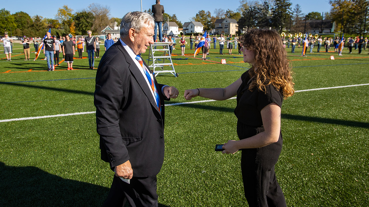 UW System President Tommy Thompson visits UW-Platteville, visits with Marching Pioneers