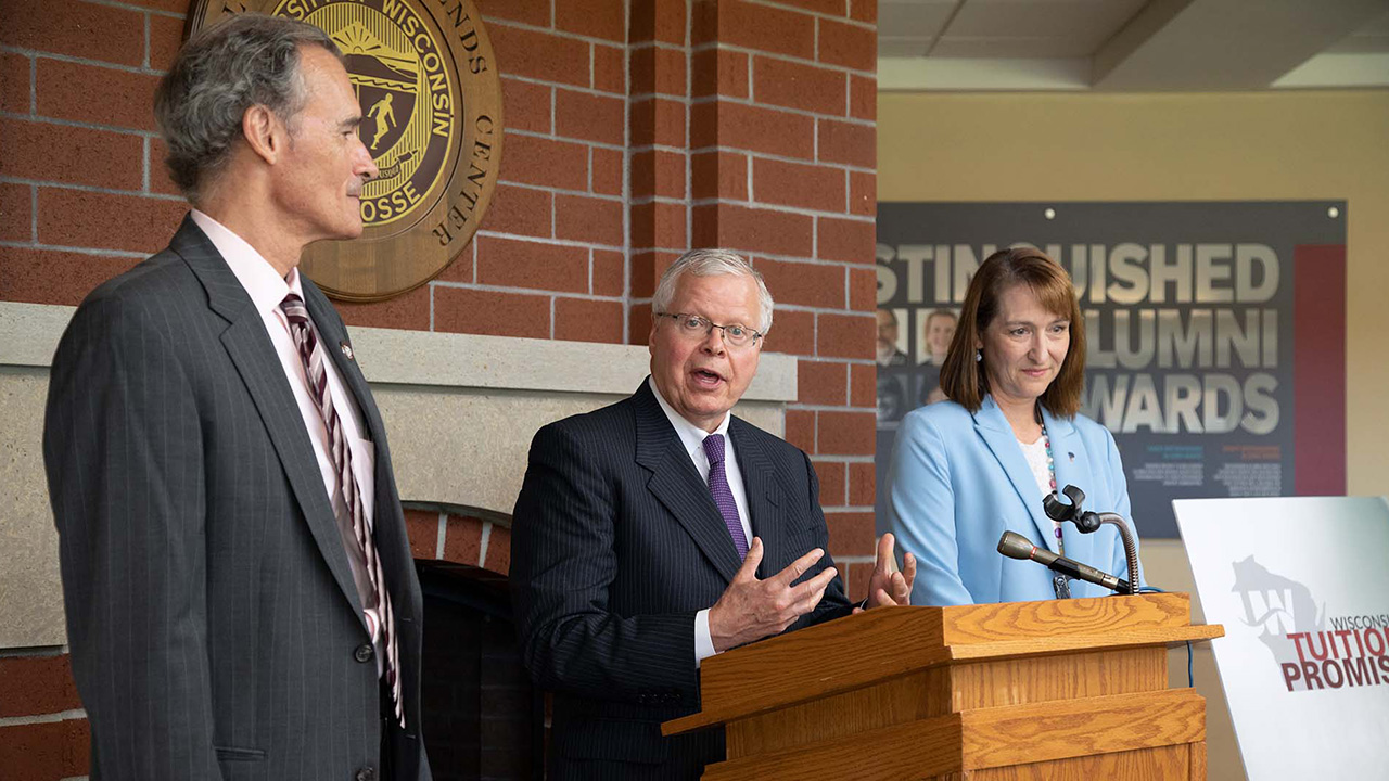 (Left to right) UW-La Crosse Chancellor Joe Gow, UW System President Jay Rothman and UW-Platteville Interim Chancellor Tammy Evetovich announce the Tuition Promise program during a news conference Tuesday, Aug. 16.  