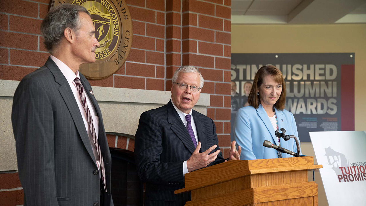 (Left to right) UW-La Crosse Chancellor Joe Gow, UW System President Jay Rothman and UW-Platteville Interim Chancellor Tammy Evetovich announce the Tuition Promise program during a news conference Tuesday, Aug. 16.