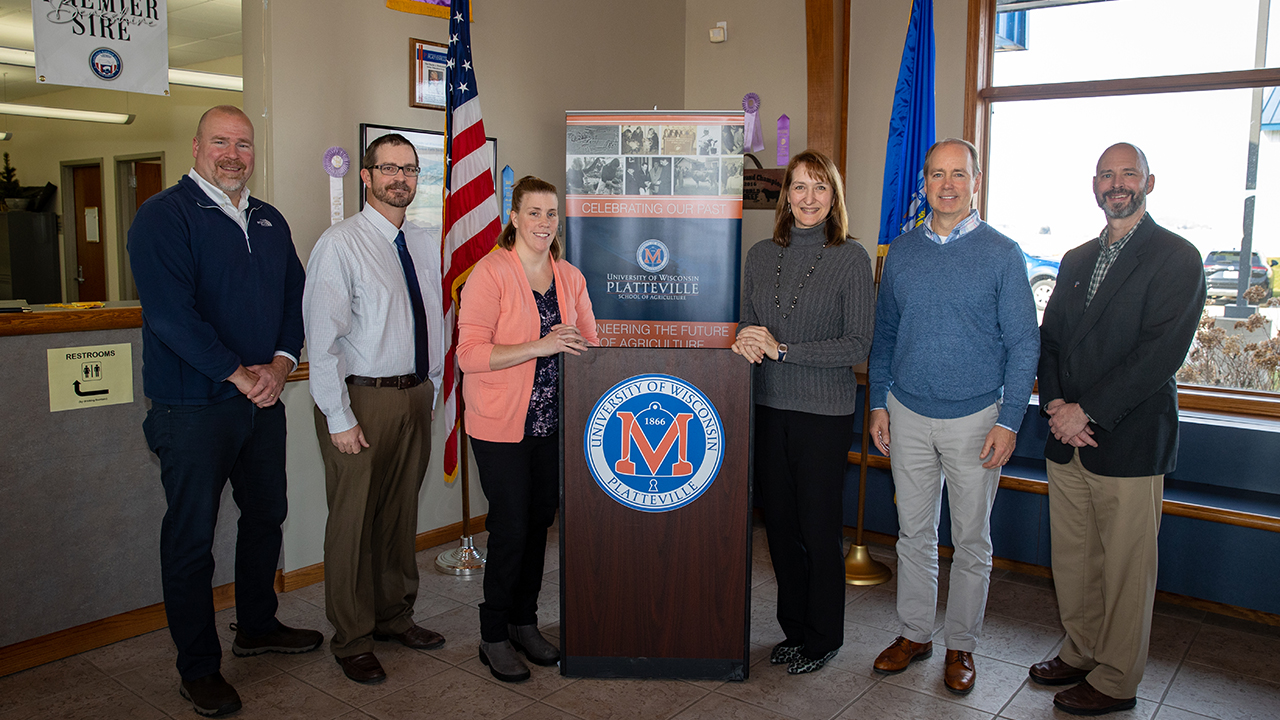 Pictured from left to right are DATCP Secretary Randy Romanski; Dr. Charles Steiner, interim dean, College of Business, Industry, Life Science and Agriculture; Dr. Krista Eiseman, assistant professor of animal science; Dr. Tammy Evetovich, interim chancellor; Kevin Ladwig, president of MSAB Capital; and Dr. Wayne Weber, interim provost.