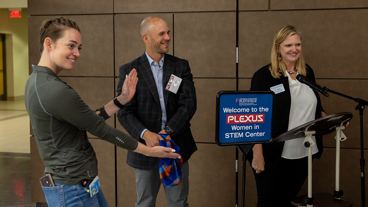 Representatives from UW-Platteville and Plexus Corp. celebrated a ribbon. cutting of the Plexus Women in STEM Center.