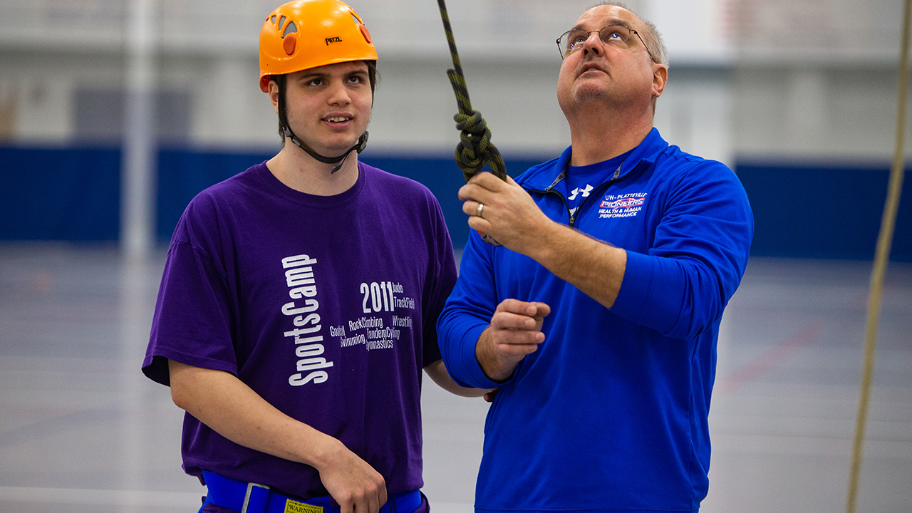 In 2019, Dr. Scott Ringgenberg, pictured above, and Health and Human Performance students led students from the Wisconsin Center for the Blind and Visually Impaired through the ropes course.