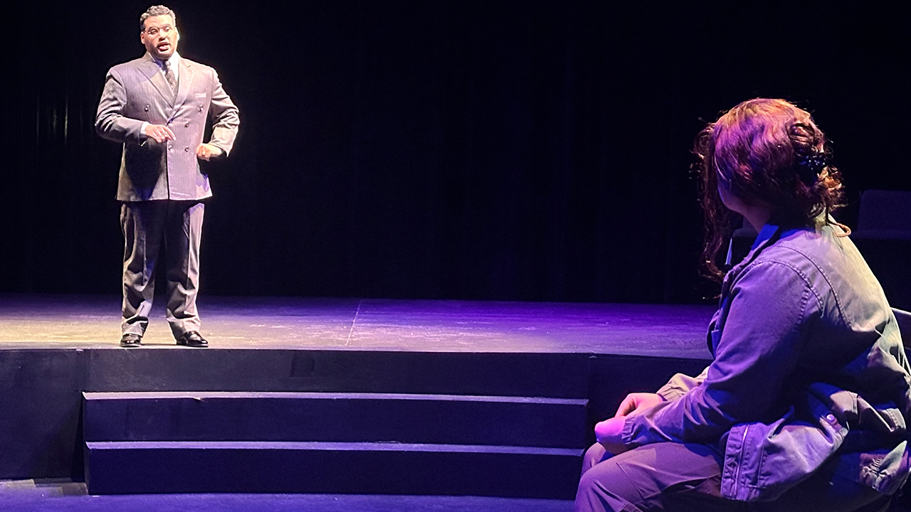 Cast members (left to right) Monardo Faria, as Creon, and Olivia Laughlin, as Antigone (Photo by Ann Farrelly)