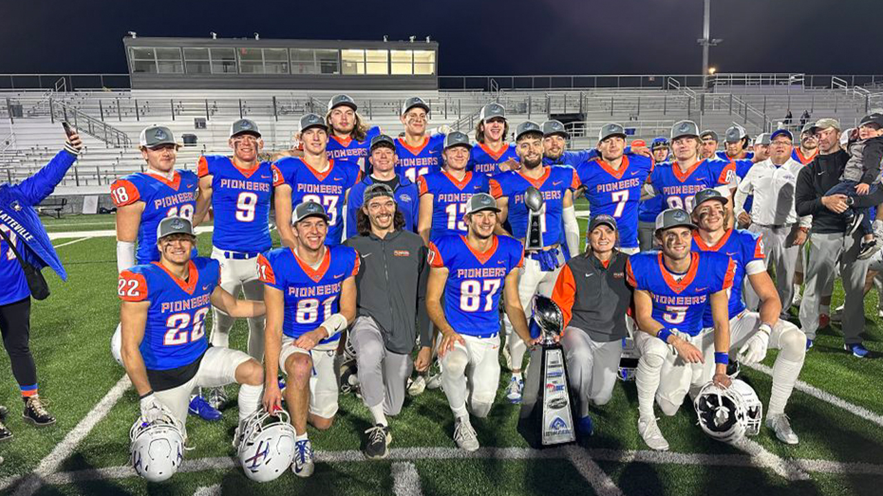 Schweitzer with UW-Platteville football team celebrating the win in the 2023 Culver's Isthmus Bowl.