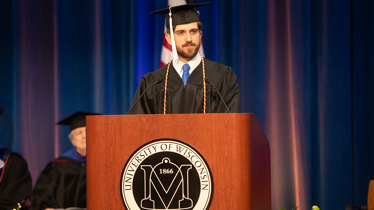 John Phelps, a political science major from Baraboo, Wisconsin, delivered the senior speaker address during the College of Liberal Arts and Education ceremony.