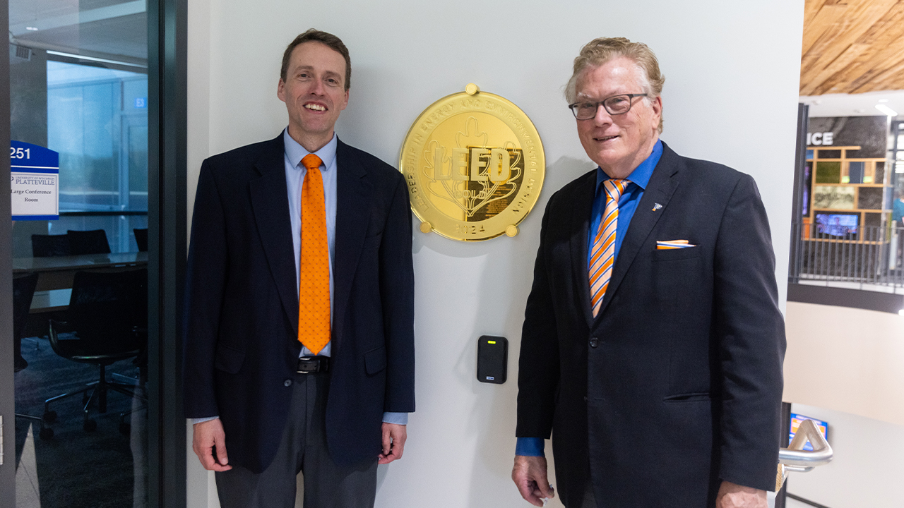 Dr. Philip Parker, dean of the College of Engineering, Mathematics and Science pictured with Ronald Meissen, civil engineering graduate and UW-Platteville Foundation and Alumni Association Board chair.