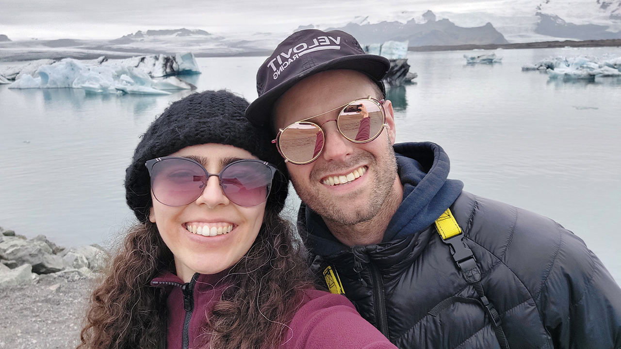 Lambert with Mariana Ruiz-Nascimento at Jökulsárlón glacier lagoon, Iceland.