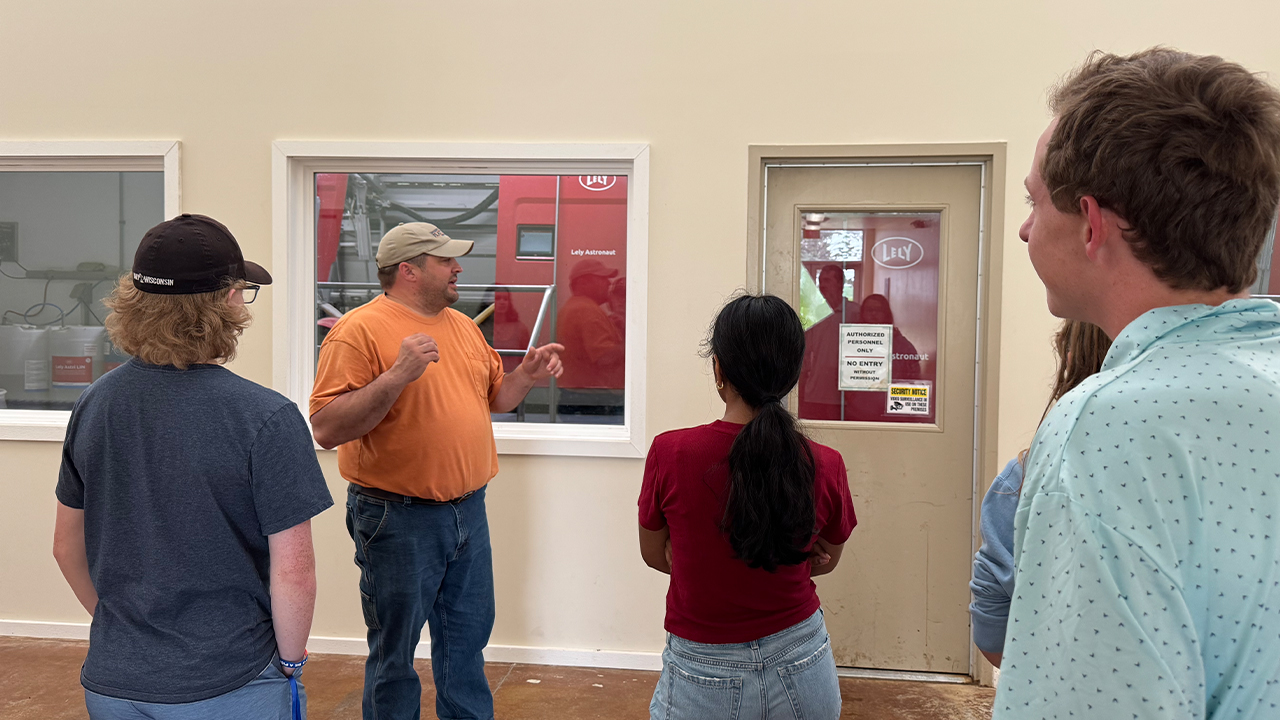 Students visited Pioneer Farm. Corey Weigel, Dairy Enterprise manager and lecturer in the School of Agriculture, explained how the Lely Astronaut milking robot and voluntary milking system work.