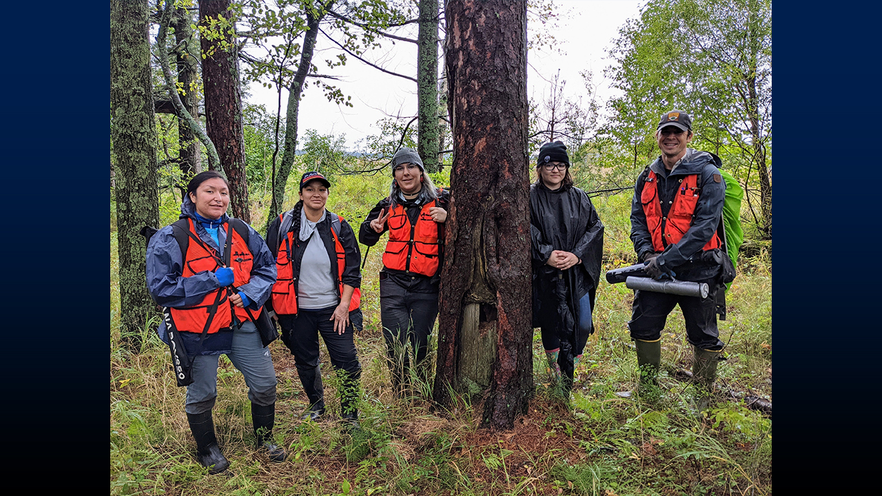Authors Valerie Zhaawendaagozikwe, Ashla Ojibway, Mocha Reynolds, Emily Lockling and Evan Larson in the field on Minnesota Point, gathered around a culturally-modified old-growth red pine tree. 