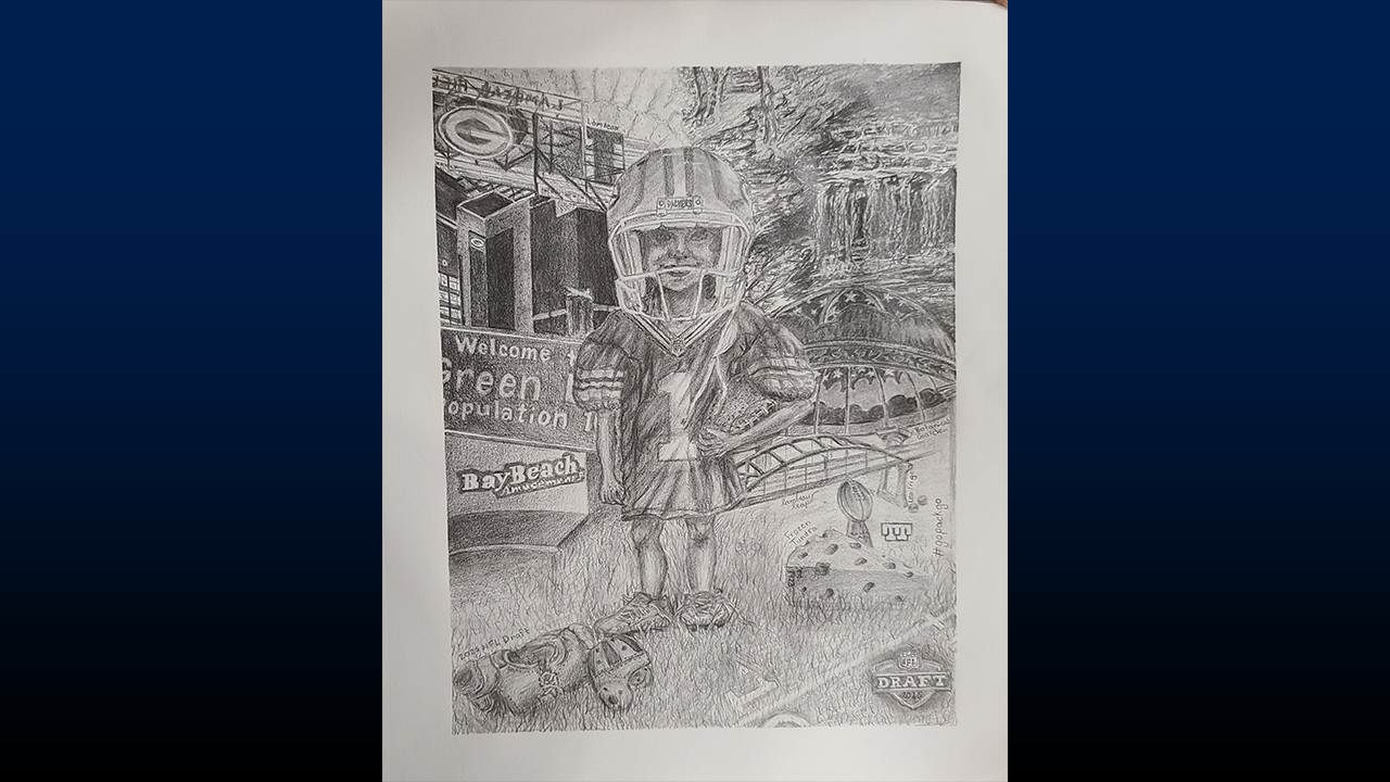 Her winning piece is of a young girl wearing oversized Packers gear, with layers of symbolic imagery.
