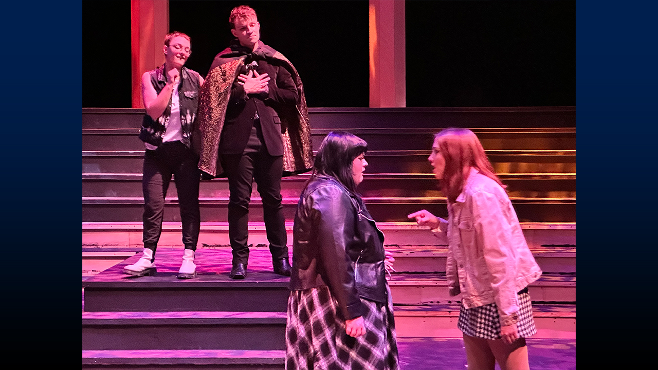 From left to right: El Dalbey as Lysander, Max Konop as Demetrius, Grace Silvestri as Hermia and Caroline Aron as Helena.