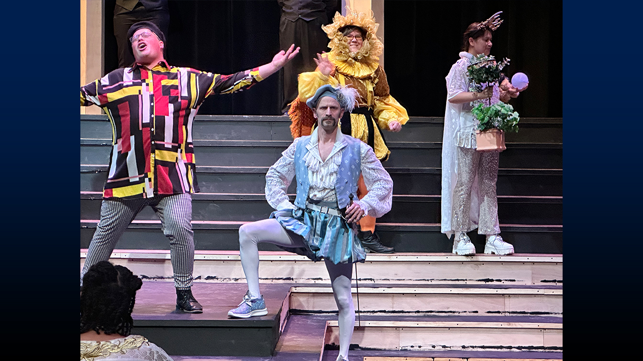 From left to right: Elijah Fuchs as Quince, Tim Gittings as Bottom, AJ McCord as Snug, and Ella Garrison as Starveling.