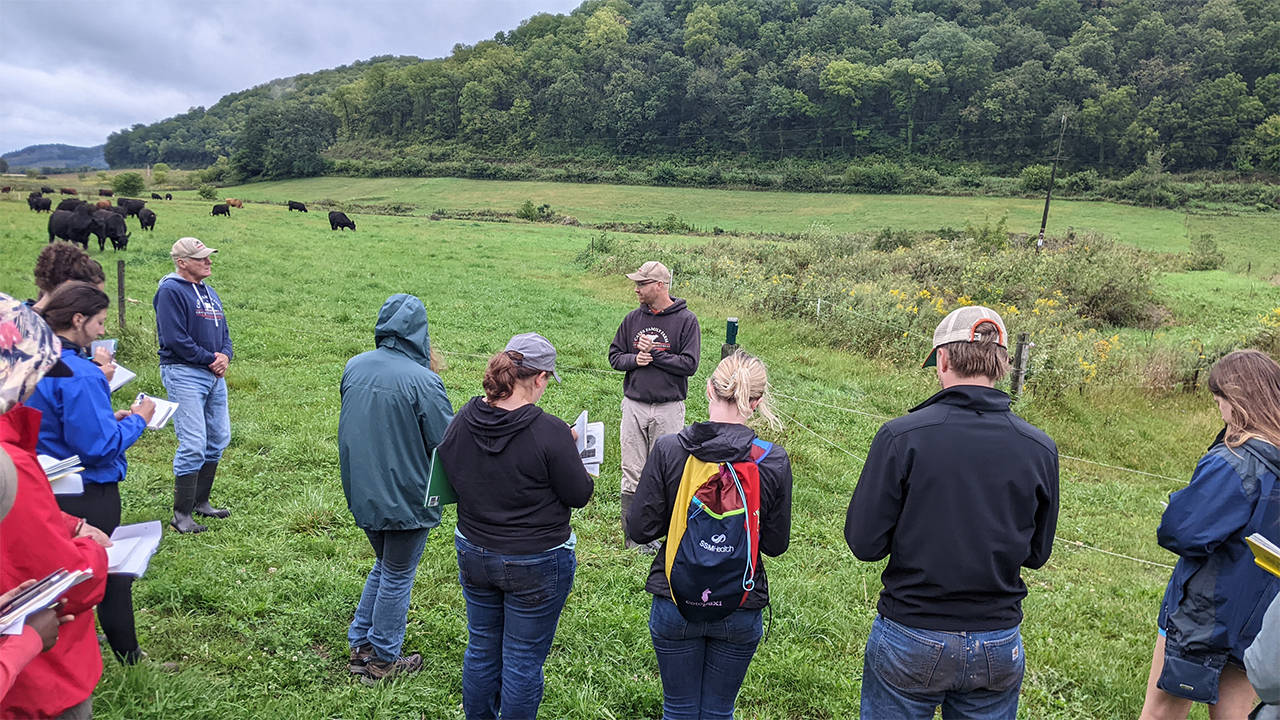 Ag-Water Nexus students hearing from UW–Platteville alumnus Chris Wilson on organic dairy farming and rotational grazing.
