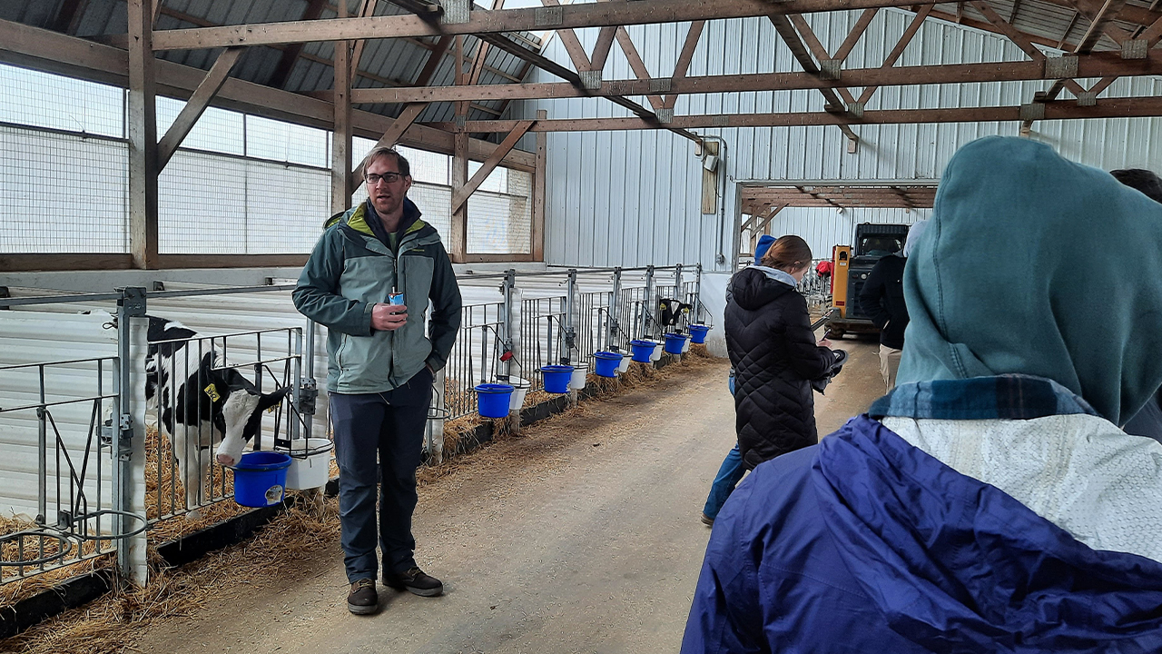 Ag-Water Nexus students hearing from UW–Platteville alumnus Chris Wilson on organic dairy farming and rotational grazing.