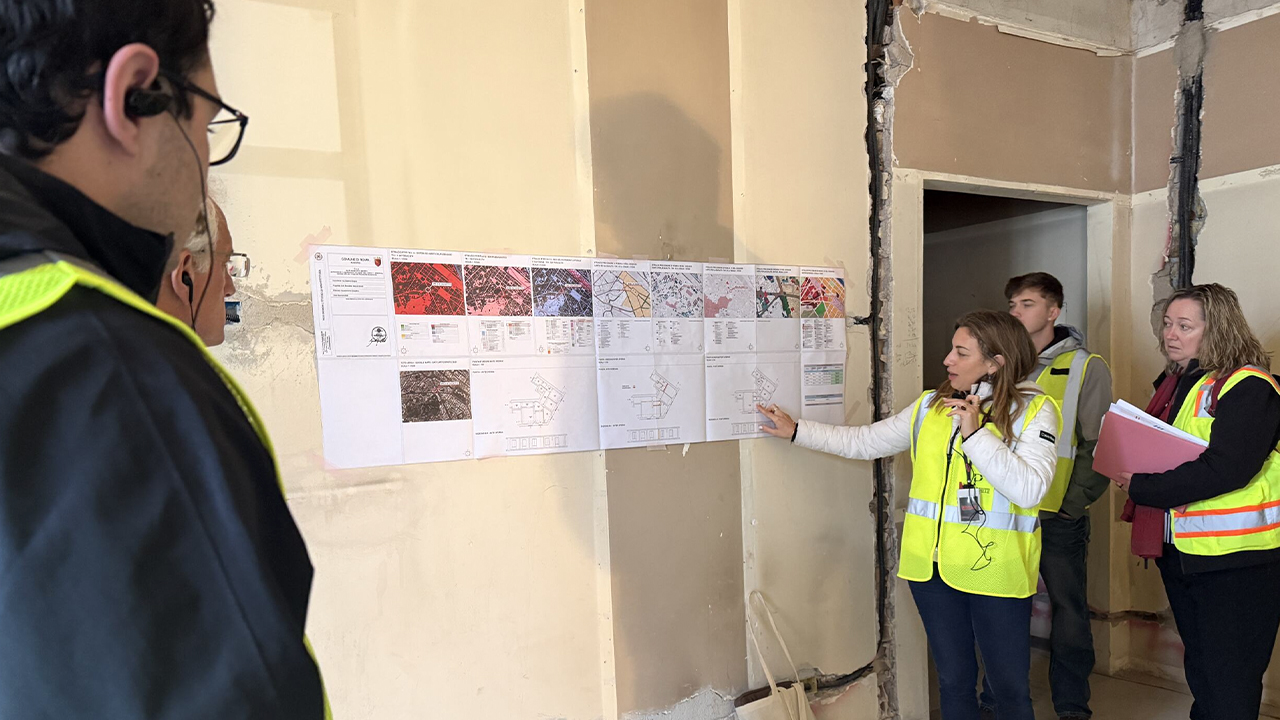 Students at a construction site. 