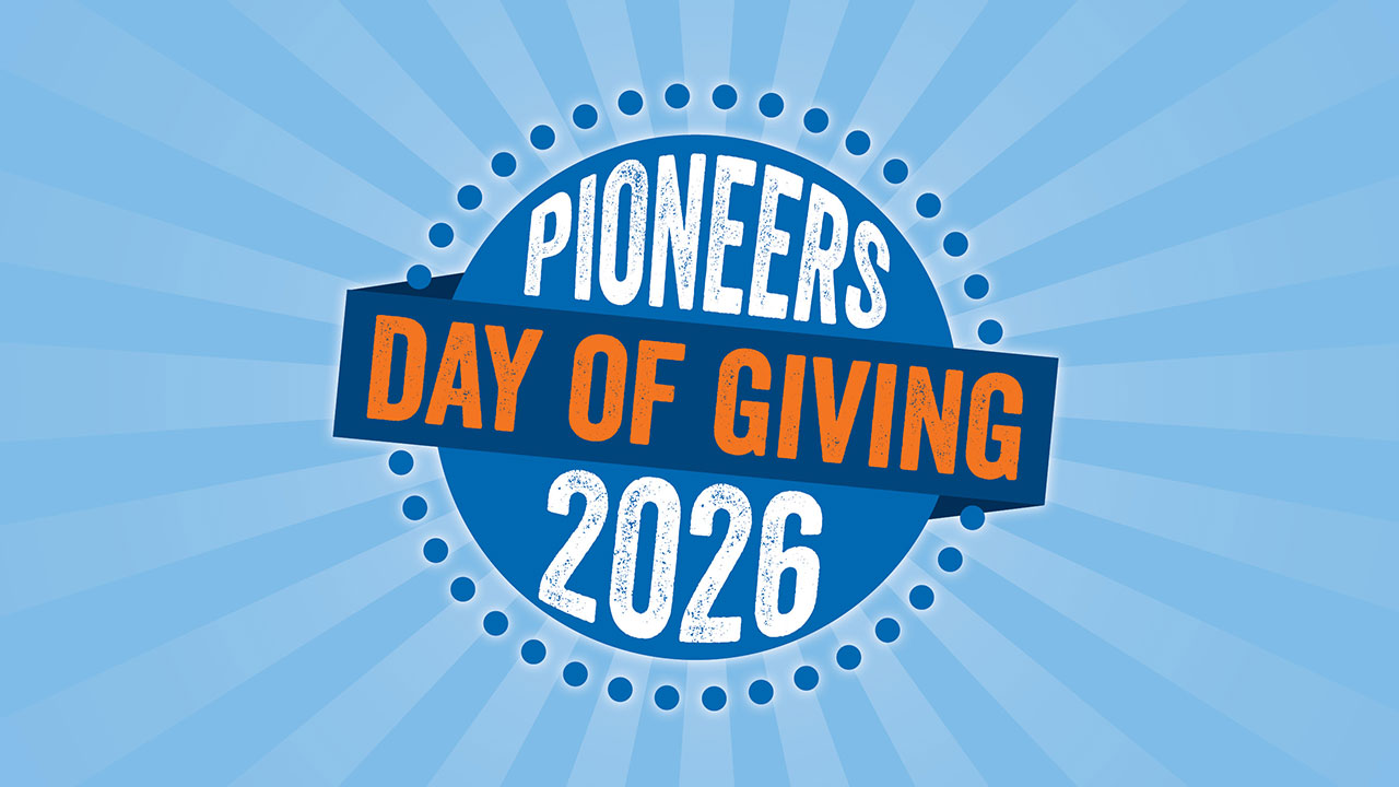 A graphic logo reads Pioneers Day of Giving 2026, on a background of blue rays