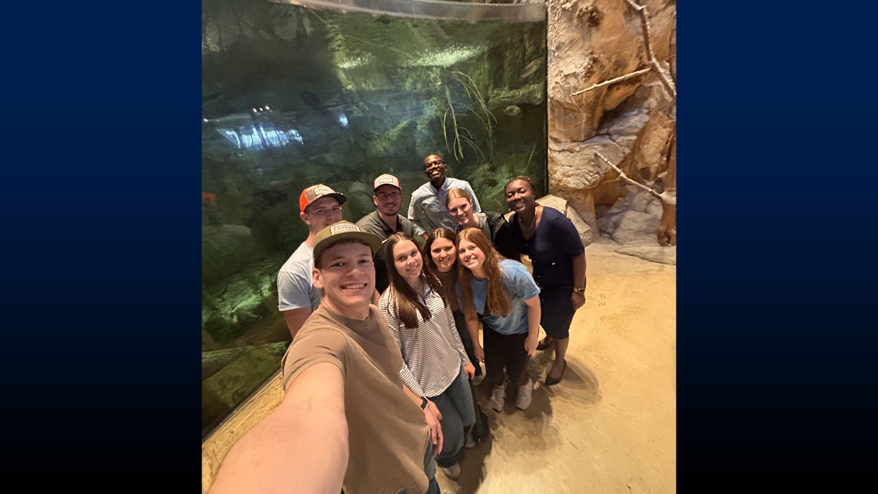 Group of individuals standing in front of large aquarium