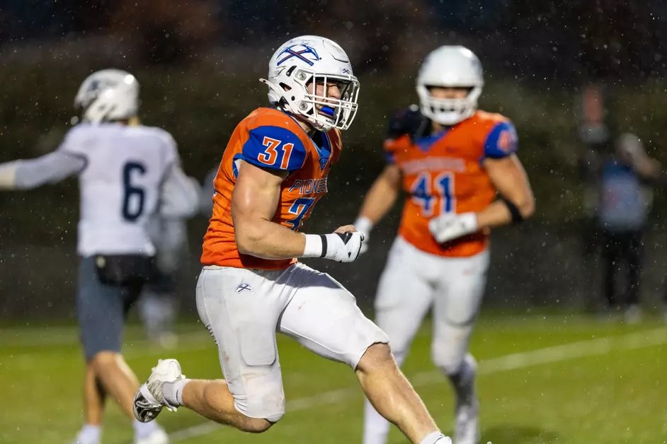 UW-Platteville linebacker Ethan Bode runs on the field during a game against UW-Stout on Nov. 8, 2025 