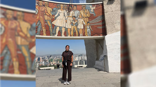 Agiimaa Kerwin poses at the Zaisan Memorial in Ulaanbaatar, Mongolia on Aug. 12, 2026..