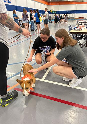Katie Scharff and Ella Pulvermacher crouching down to pet Link, a corgi therapy dog, in Williams Fieldhouse at UW-Platteville.