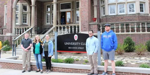 Matt Hugill, Andriea Hilger, Madisyn Fons, Mitchel Dennert and Mitchel Hoppman, pictured in front of the University Club where the Cold War lecture by Professor Giuliana Chamedes took place.