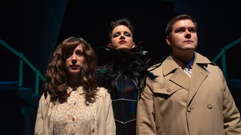 Leah Ball as Janet Weiss, Logan Eigenberger as Frank N Furter, and Jon Hutson as Brad Majors.