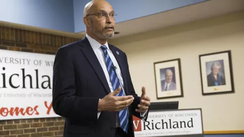 Chancellor Shields speaking at UW-Platteville Richland.