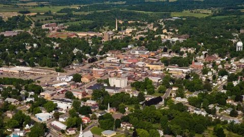 aerial view of downtown Platteville and campus