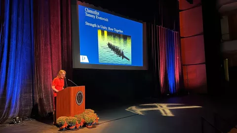 Interim Chancellor Dr. Tammy Evetovich speaks at convocation.