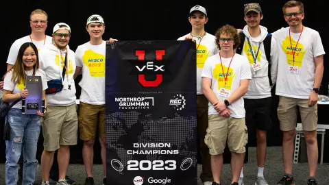 WiscoBots team members, pictured left to right: Agii Kerwin, Austin Attig, Max Van Rossum, John Bertello, Scott McDermott, Jimmy McGovern, Henry Hathaway, Nathan Sandvig. Photos courtesy of VEX and WiscoBots. 