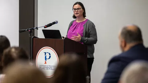 Veteran and alumna Natalie Isensee spoke at UW-Platteville’s I Am Not Invisible Women Veterans Event in April 2023.