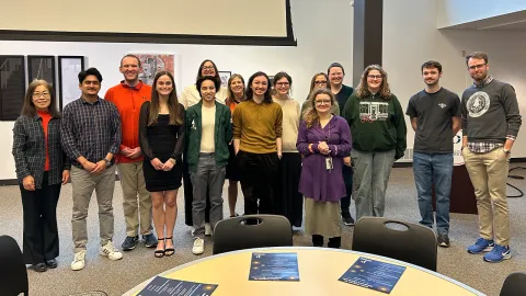 Helios and creative writing students and faculty gathered for the inaugural Helios Awards ceremony. 