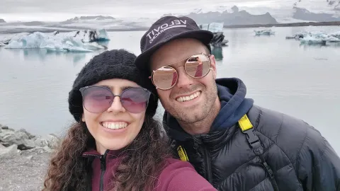 Lambert with Mariana Ruiz-Nascimento at Jökulsárlón glacier lagoon, Iceland.