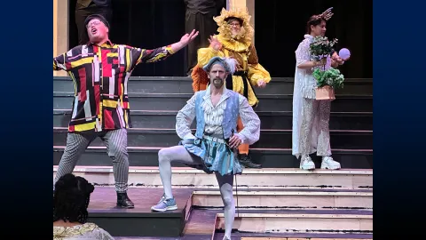 From left to right: Elijah Fuchs as Quince, Tim Gittings as Bottom, AJ McCord as Snug, and Ella Garrison as Starveling.