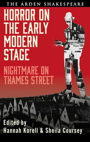 The cover of "Horror on the Early Modern Stage" anthology showing Freddy Krueger's silhouette standing on the rooftops of a village