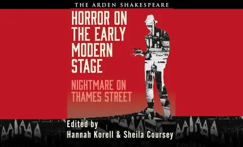 The cover of "Horror on the Early Modern Stage" anthology showing Freddy Krueger's silhouette standing on the rooftops of a village