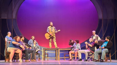 The cast of the Platteville Summer Arts Festival's production of 'Come From Away' rehearses in UW-Platteville's Richard and Helen Brodbeck Concert Hall in the Center for the Arts.