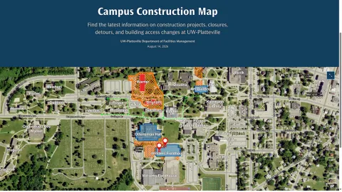 A screenshot of UW-Platteville's new online construction map, with an arial view of campus and construction sites designed in orange and blue.
