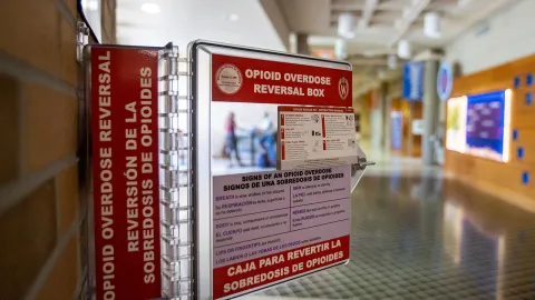 A red box containing opioid overdose-reversal medication on a wall on the UW-Platteville campus, 