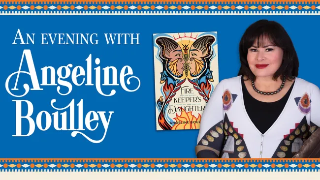 Royal blue event poster with woman next to book with butterfly on cover