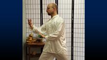 Pitcher demonstrating the tai chi movement "Parting the Wild Horse’s Mane" with focus and grace.