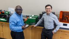 Dr. John Obielodan (left) and Dr. Joseph Wu (right) in the lab following the announcement of their U.S. patent. “It is a tremendous accomplishment to receive a U.S. patent as it is a rigorous process that recognizes the novelty of this invention,” said President Arjun Sanga, WiSys.