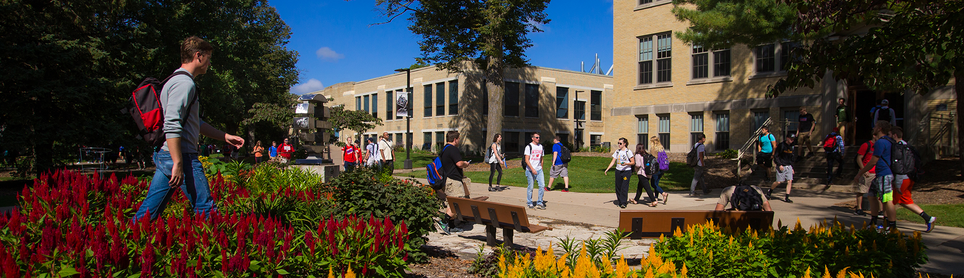 Students walking across campus in fall