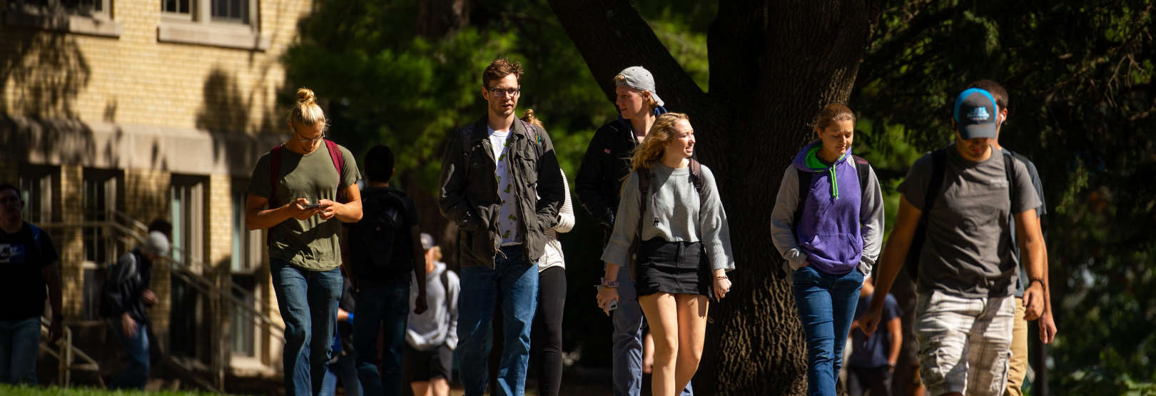 Spring campus students walking