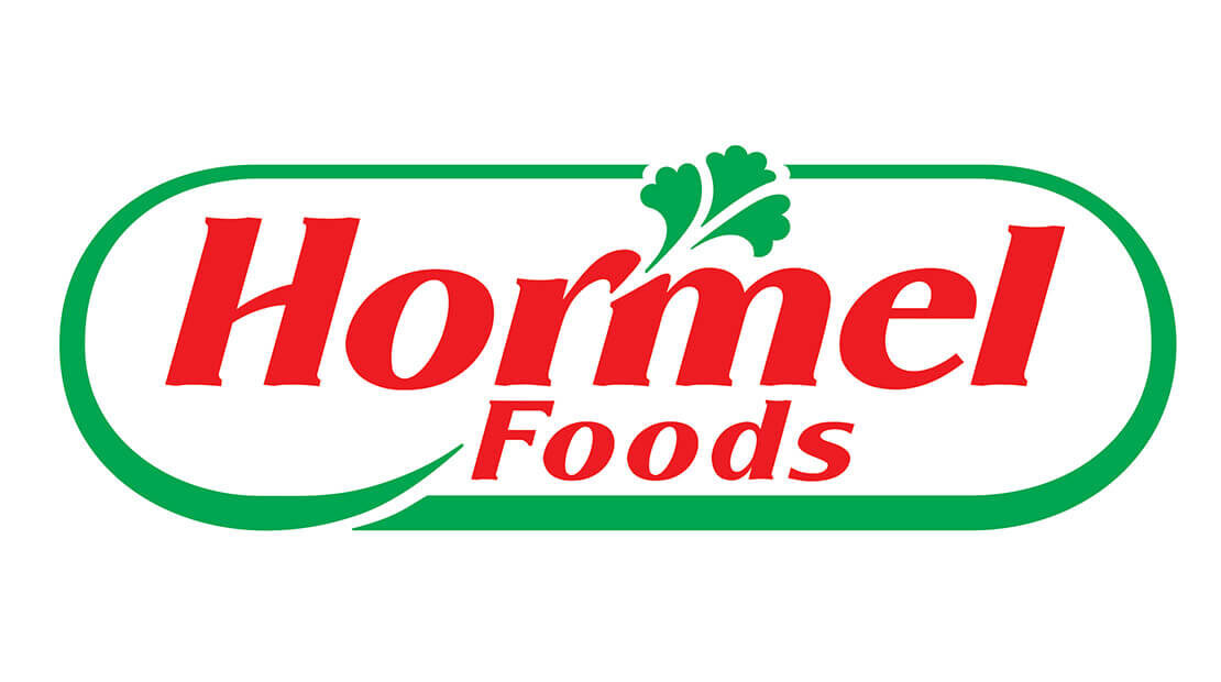 oblong oval with green outline with Hormel Foods in the center in red text