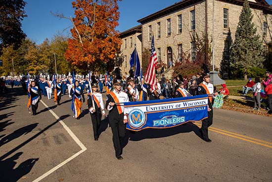 UW-Platteville Marching Pioneers performing in Homecoming parade