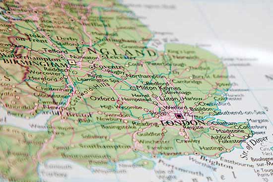 Closeup of European section of world map